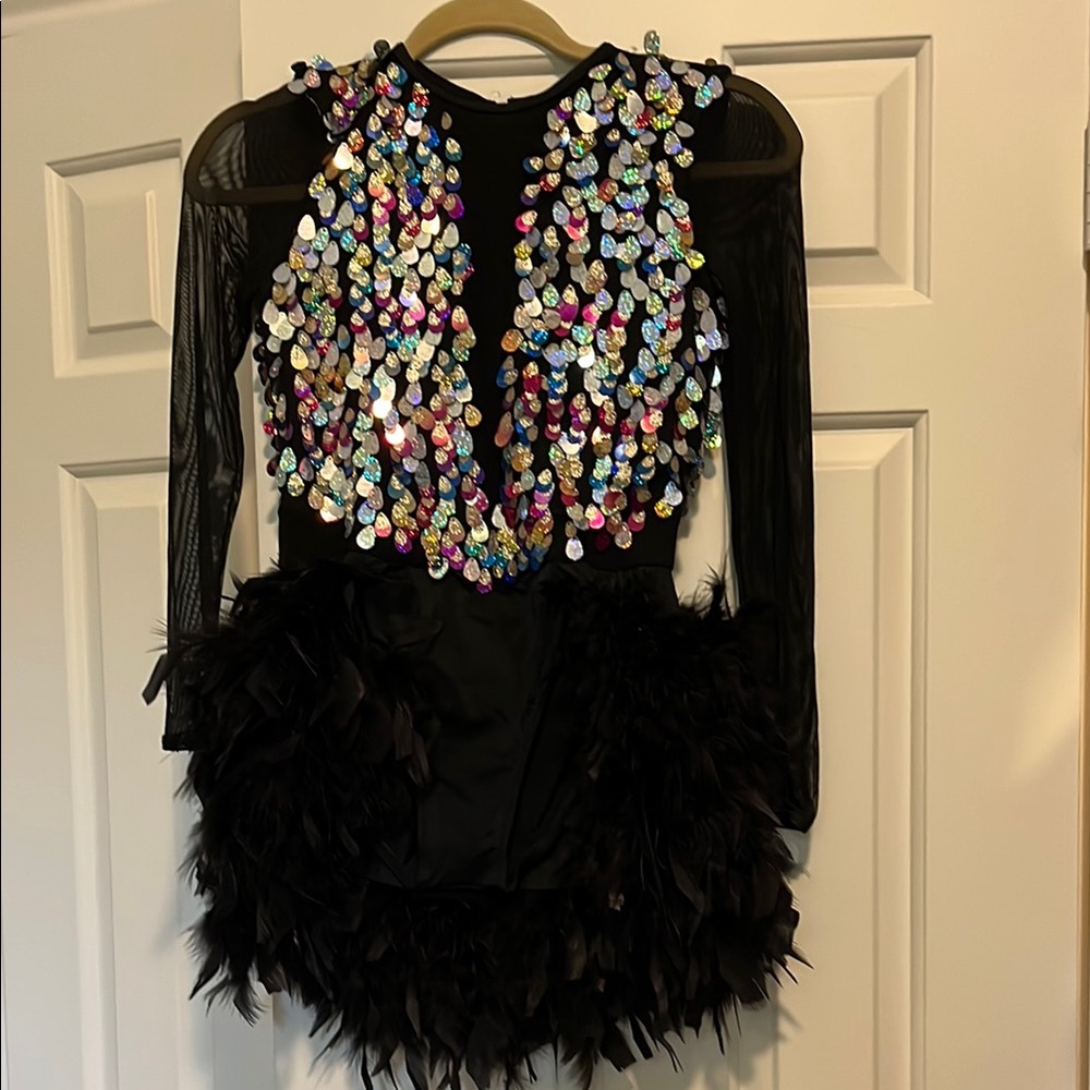 Weissman Black Dance Costume with Feather Skirt and Vibrant Pattern